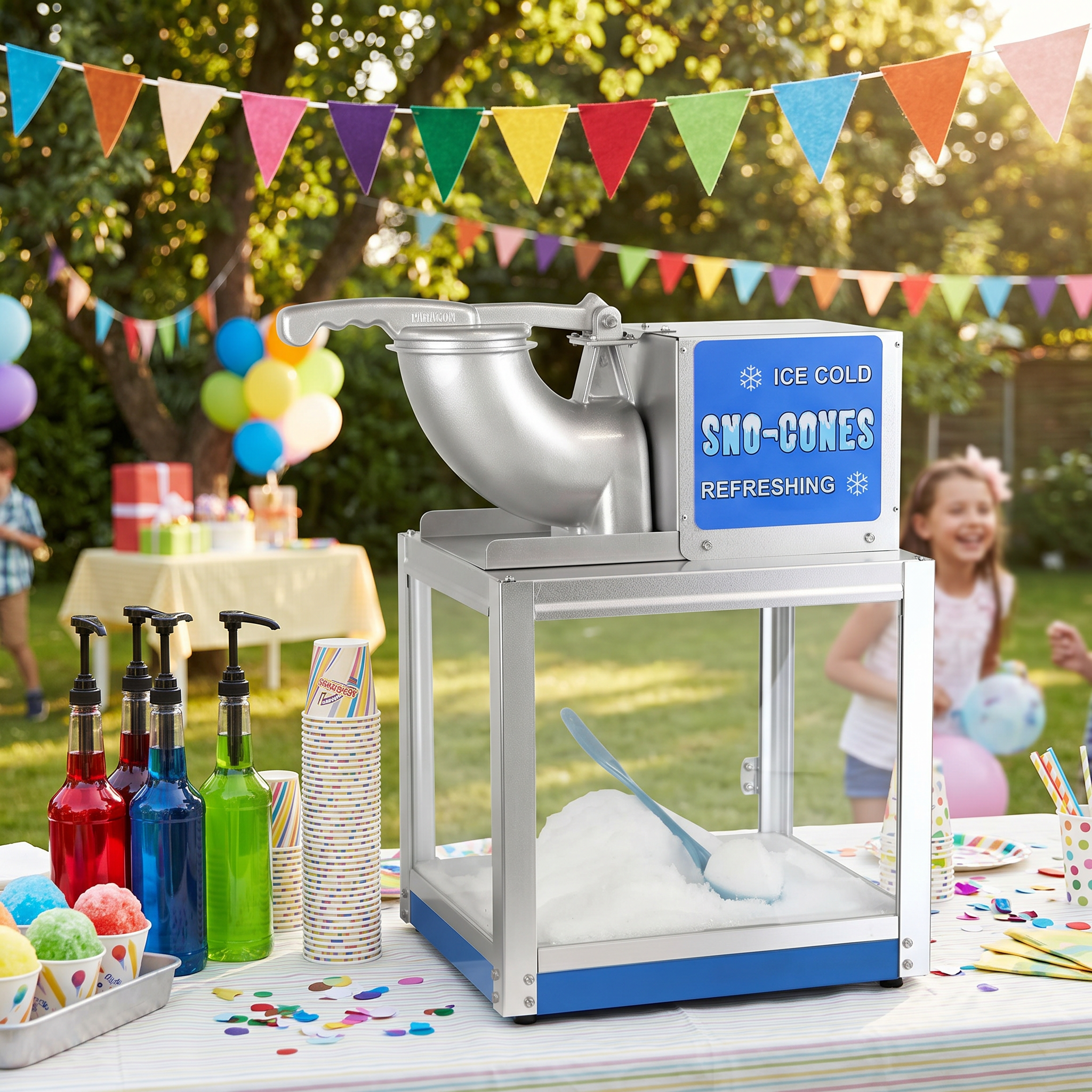 Snow cone machine with colorful syrups