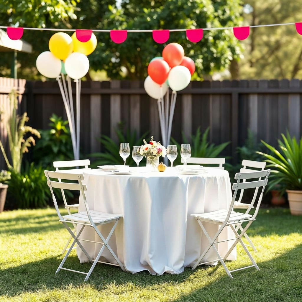 White folding chairs and round party table